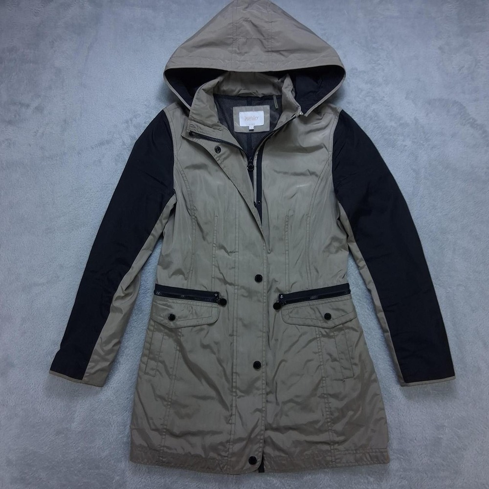 Laundry by Shelli Segal Womens Hooded Utility Jacket Beige Black Small